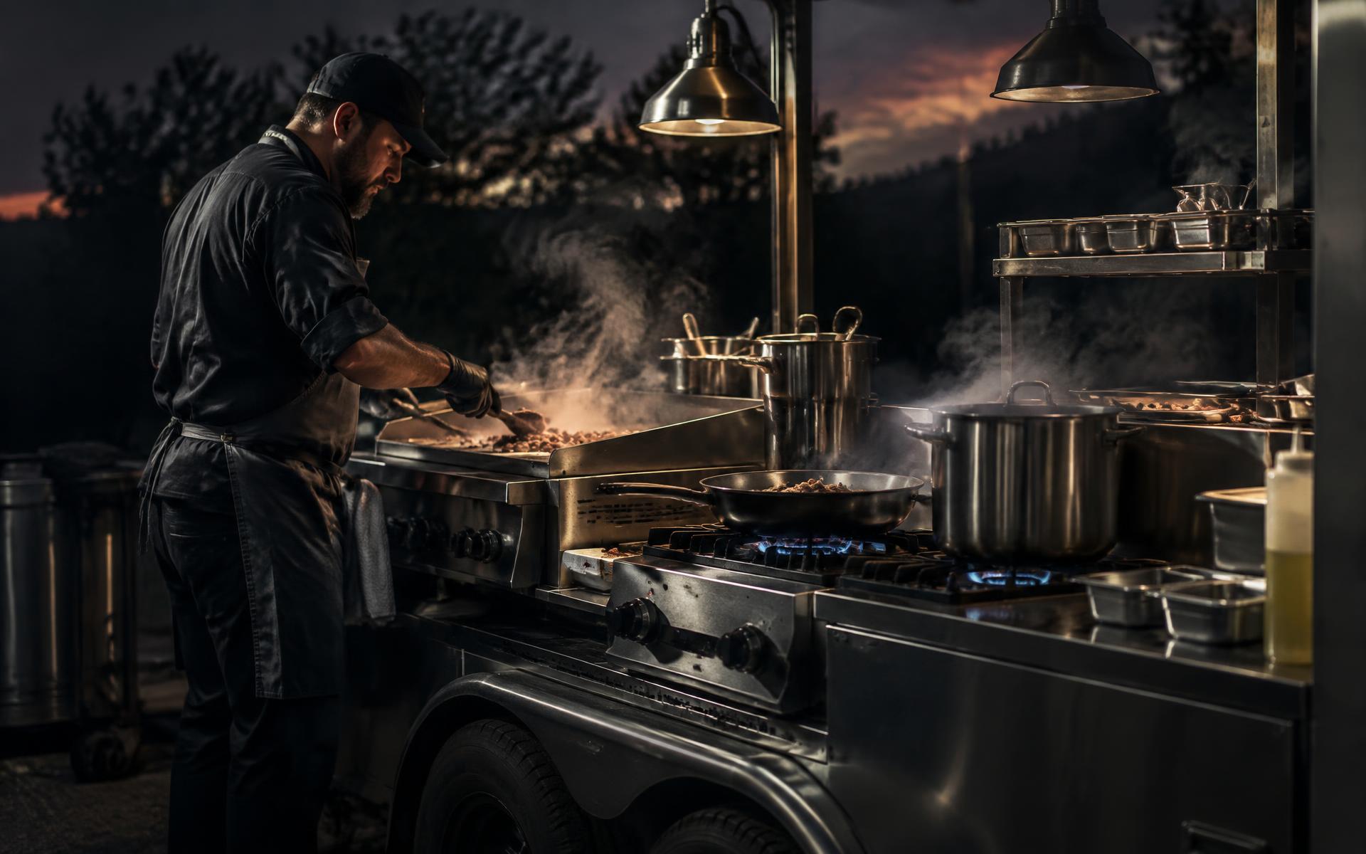 Chef cooking on compact stainless steel commercial equipment at an outdoor mobile kitchen